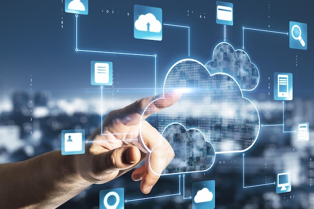 Cloud service concept with man finger touching digital screen