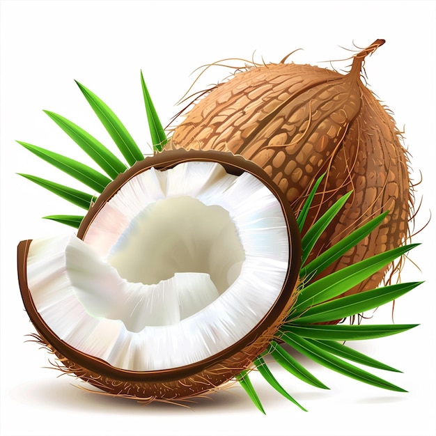 Coconut fruit with green leaves isolated on white