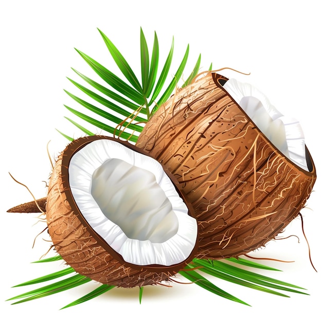 Coconut fruit with green leaves isolated on white