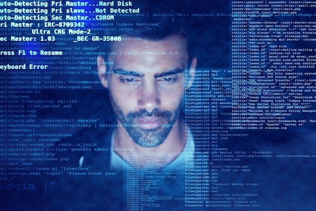 Code face and programming language with person at computer screen in office for cybersecurity Data software and technology with professional programmer in workplace for digital coding on monitor