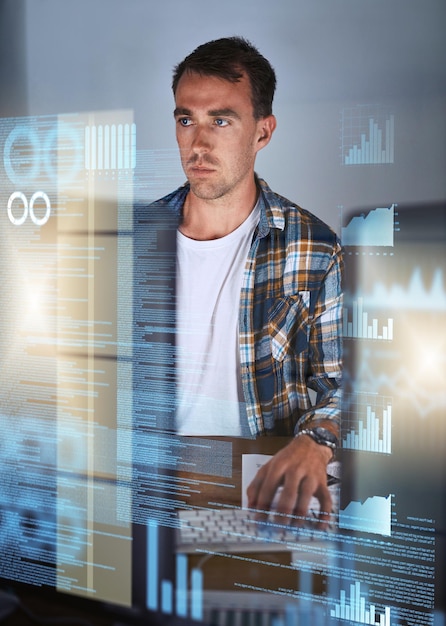 Code is his second language Shot of a young programmer working at his computer with an overlay of computer graphics