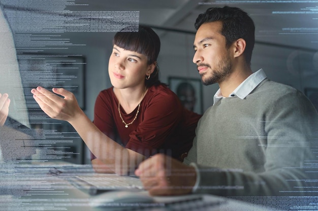 Code manager help employee and programming with hologram explain process and system to agent Woman speaking to Asian man coding and holograph with IT specialist cyber security or cloud computing
