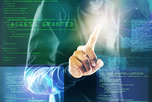 Code overlay hacker and fingerprint of person for programming coding and information technology in dark Cybersecurity computer interface and graphic for online crime finance fraud and virus