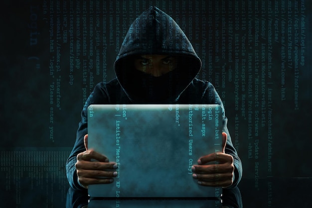 Code overlay laptop and portrait of hacker for programming coding and information technology in dark Cybersecurity user interface and person with computer for online crime fraud and virus