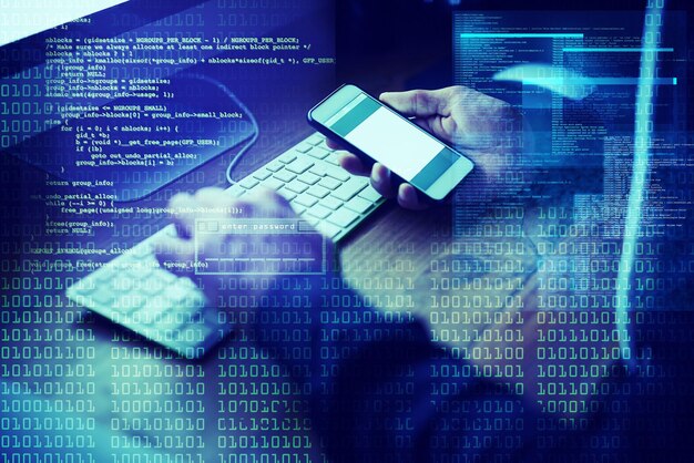 Coding overlay and hacker hands with phone for malware banking fraud and cyber crime Night database and cybersecurity attack with computer coder and criminal with hacking programming at desk