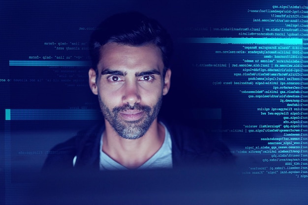 Coding overlay and man at night on computer for programming software and information technology Cybersecurity hacker and person with algorithm for financial data banking fraud and identity theft