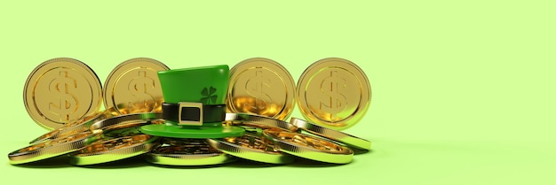 Coin golden money wealth rich financial exchange crypto currency lucky happy investment green hat leaf palm floral blossom decoration ornament saint patrick day on spring summer season3d render