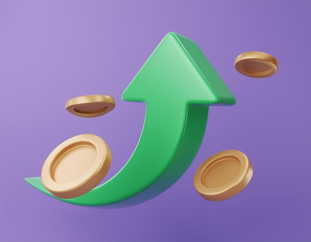 Coins flying up an upward green arrow 3D illustration
