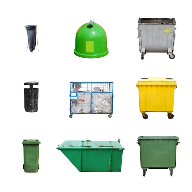 Collection of trash containers isolated on white background
