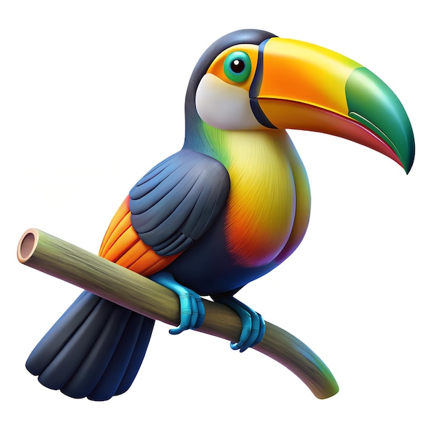 Colorful 3D Cartoon Toucan Perched on a Branch