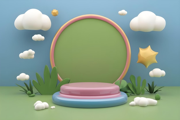 colorful 3d rendering podium with kid style clouds weather and space for kids or baby product