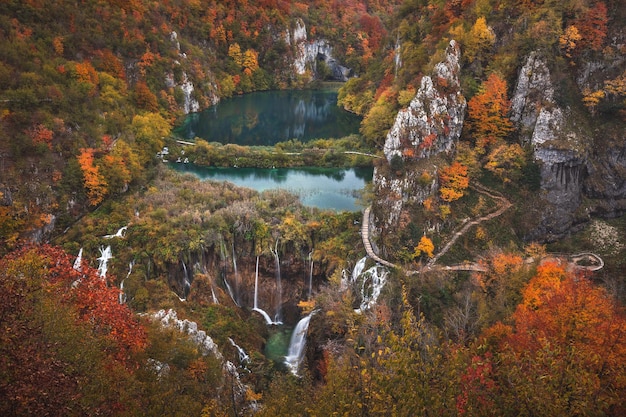 Colorful autumn season in plitvice lakes national park from croatia