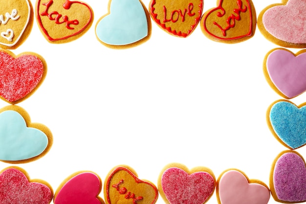 Colorful Valentine heart cookies isolated on white