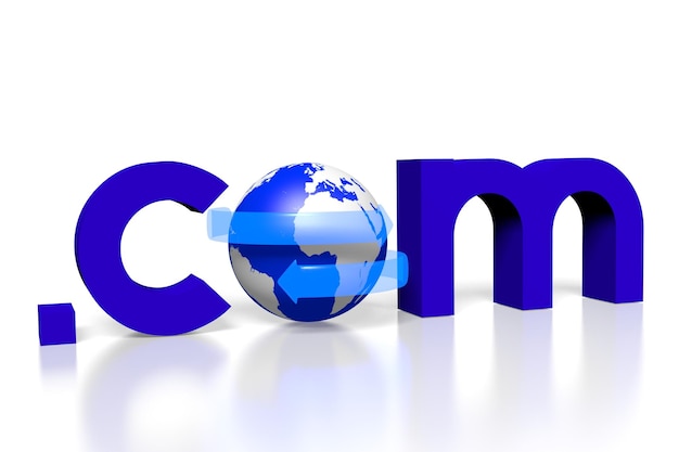 Com blue word with an Earth and arrows 3D illustration