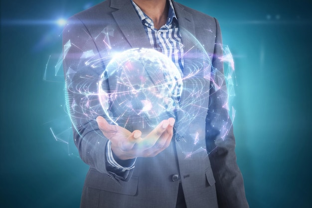 Composite image of businessman holding hand out
