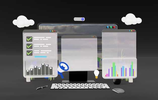 Computer 3D illustration Data analysis Website SEO White Screen Application