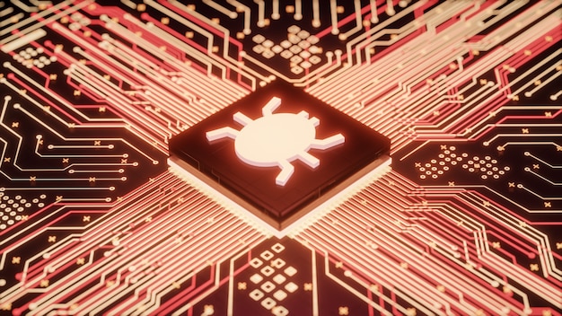 Computer bug or virus malware found inside computer microprocessor unit or cpu, vulnerable network security system, 3d rendering low level hardware hacking attack data breaches concept