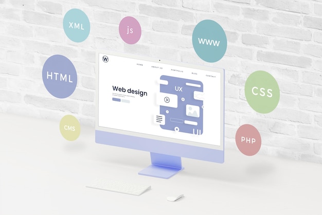 Computer display on desk with UI UX web page layout Surrounding balloons depict web design