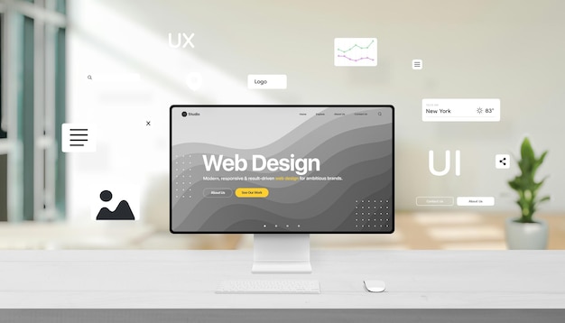 Computer display on office desk surrounded by floating UI elements like menu icons share buttons ima