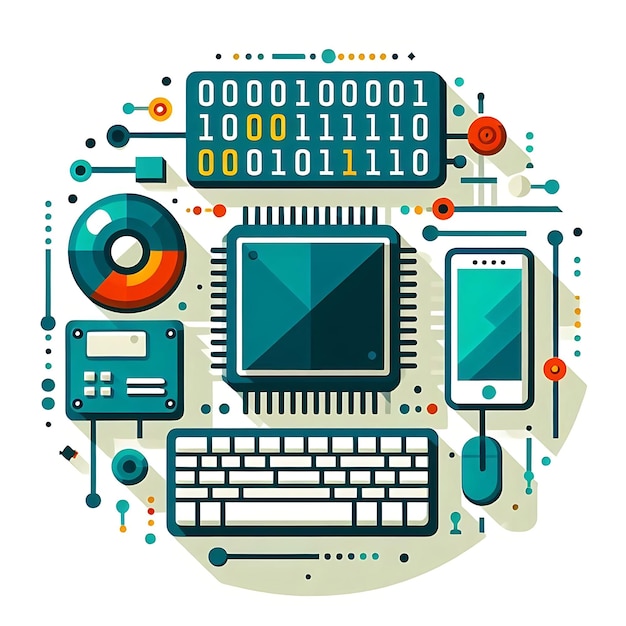Computer Engineering a flat illustration vector image of a computer chip keyboard and binary code