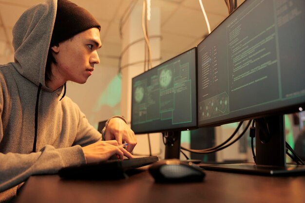 Computer fraud, electronic data stealing, hacker threat, criminal coding malware, asian man hacking system. Internet thief cracking online server password, programming spyware