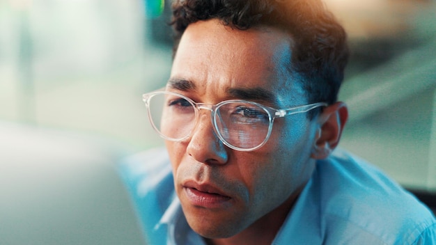 Computer glasses and developer with business man cyber security network domain and programmer Server encryption tech startup and problem solving with person reading in IT firm for VPN system