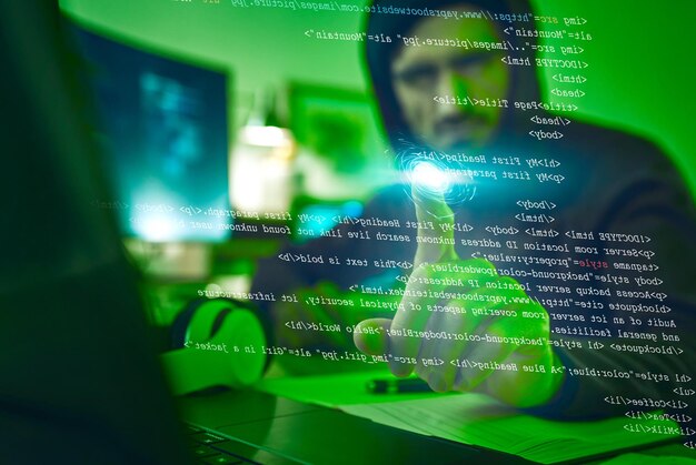 Computer hacker virtual touch and man with coding phishing or cybersecurity software Dark finger and thief person with information hologram for ransomware access or pc programming data script