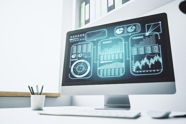 Computer monitor with abstract creative analytics data spreadsheet analytics and analysis concept 3D Rendering