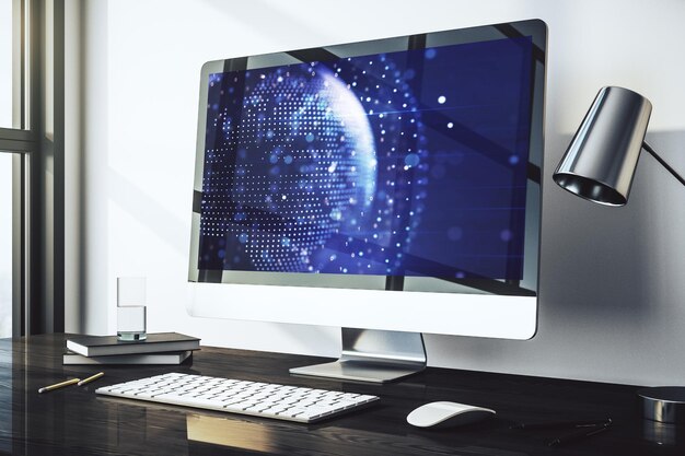 Computer monitor with abstract creative digital world map globalization concept 3D Rendering