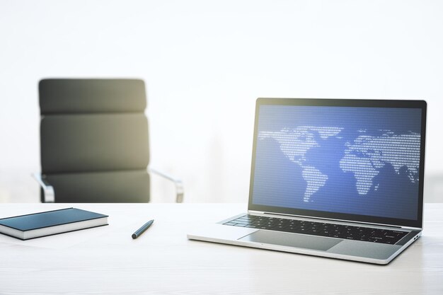 Computer monitor with abstract creative digital world map globalization concept 3D Rendering