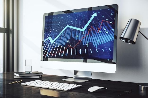 Computer monitor with abstract creative financial graph and upward arrow financial and trading concept 3D Rendering
