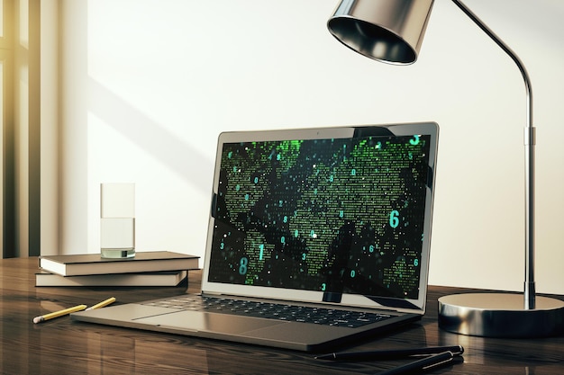 Computer monitor with abstract creative programming illustration and world map big data and blockchain concept 3D Rendering