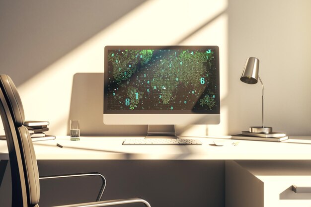 Computer monitor with abstract creative programming illustration and world map big data and blockchain concept 3D Rendering