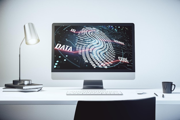 Computer monitor with abstract fingerprint scan interface digital access concept 3D Rendering