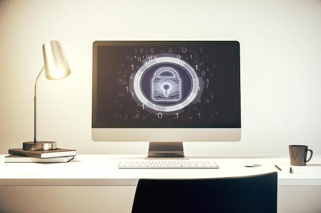 Computer monitor with creative light lock illustration and microcircuit cyber security concept 3D Rendering