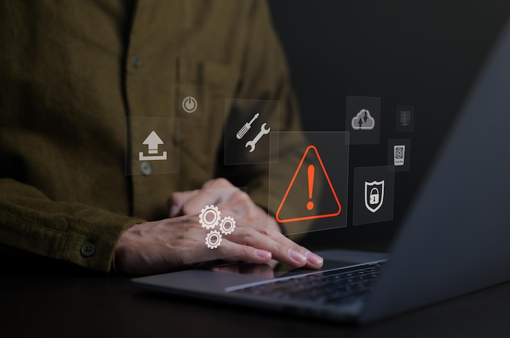 Kuva computer notification error maintenance concept businessman or personnel programmer or developer using a laptop with a triangle warning exclamation red sign trouble caution application update