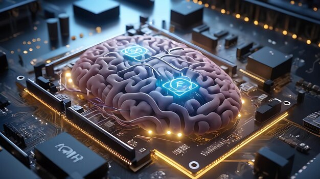 Computer processing unit with blue binary digit and ai brain concept design Generated with ai