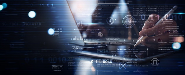 Computer programmer programming on laptop with data science futuristic technology background Digital technology cloud computing data engineering global internet network software development
