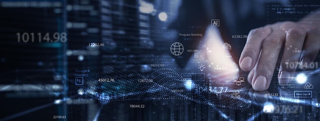 Computer programmer team using laptop data processing connecting with internet global network cloud computing and data center network server cyber security software development concept