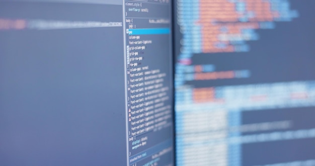 Computer screen programming and coding for software development analysis and server Empty database and technology with research it system and cyber security with digital password or website info