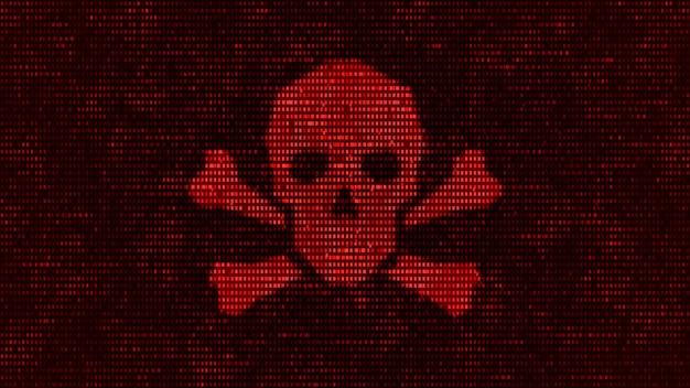Computer server got attacked with malware by hacker, binary death skull symbol alert screen in network data security system, futuristic digital server cybersecurity threats 3D illustration