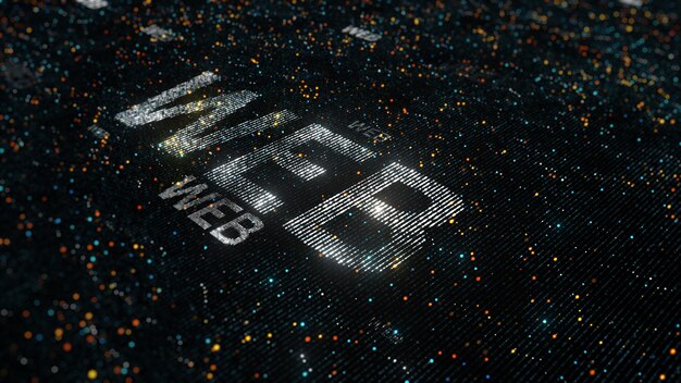 Computer theme word made of random dots on fractured string background with glow, abstract digital background with depth of field, particle style illustration