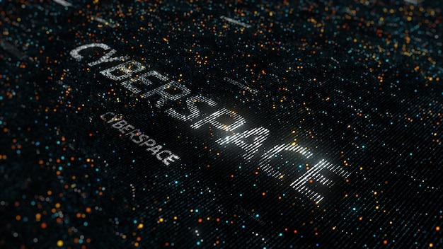 Computer theme word made of random dots on fractured string background with glow, abstract digital background with depth of field, particle style illustration