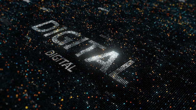 Computer theme word made of random dots on fractured string background with glow, abstract digital background with depth of field, particle style illustration