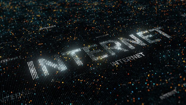 Computer theme word made of random dots on fractured string background with glow, abstract digital background with depth of field, particle style illustration