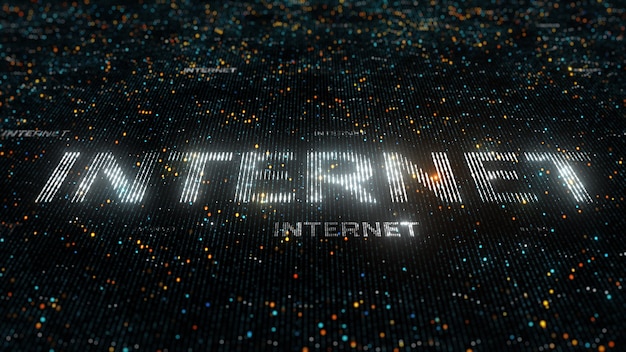 Computer theme word made of random dots on fractured string background with glow, abstract digital background with depth of field, particle style illustration