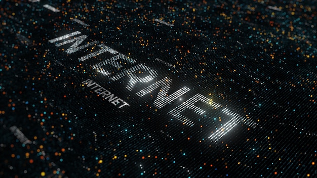 Computer theme word made of random dots on fractured string background with glow, abstract digital background with depth of field, particle style illustration
