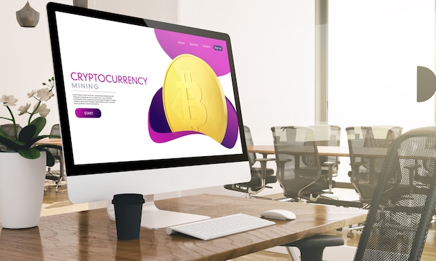 Computer with cryptocurrency website screen on modern business office 3d rendering