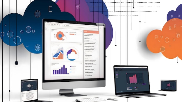 Computers and smart devices screen with a cloud and a picture of data and chat on it