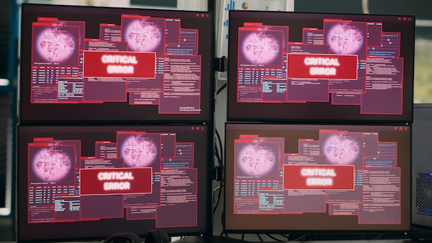Computers displaying critical error message flashing on screen, showing hacking alert and security breach warning. Empty it office with multiple monitors running cyber crime attack.